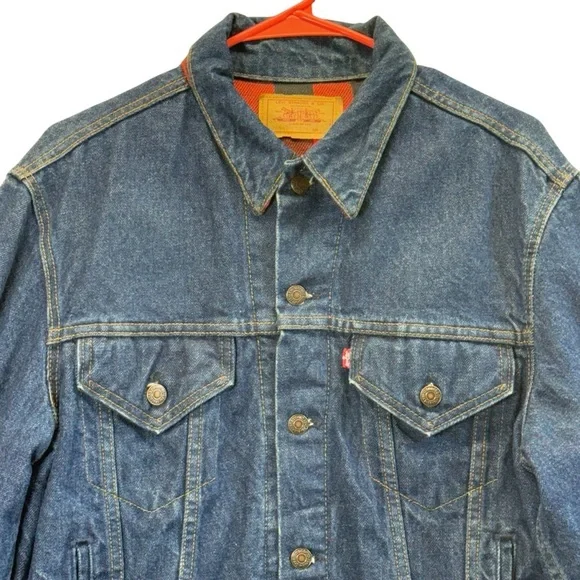 Levi's Vintage Red and Black Buffalo Plaid Trucker Denim Jacket. Size 42